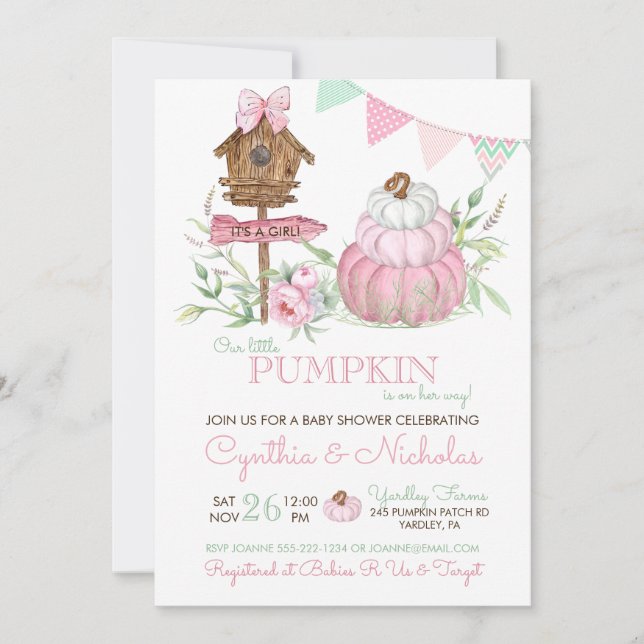 Pink Pumpkin Patch Birdhouse Girl Baby Shower Invitation (Front)