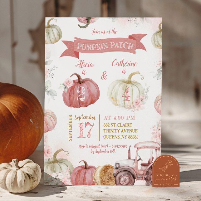 Pink Pumpkin Patch Sibling Girls Joint Birthday Invitation (Creator Uploaded)