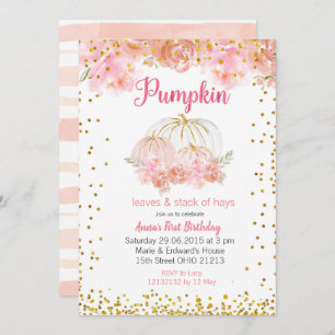 Pink pumpkin Pink gold Pumpkin 1st Birthday Invitation