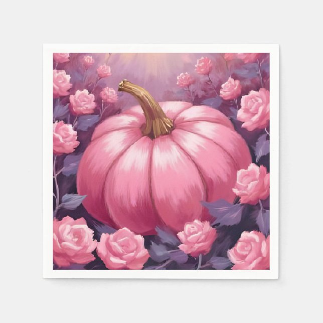 Pink Pumpkin Rose Floral Halloween Thanksgiving Napkin (Front)