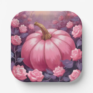 Pink Pumpkin Rose Floral Halloween Thanksgiving Paper Plate