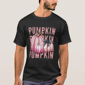 Pink Pumpkin Season Polka Dot Bow Coquette Autumn  T-Shirt