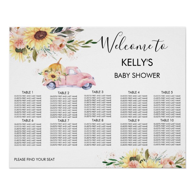 Pink Pumpkin Truck Baby Shower Seating Chart (Front)