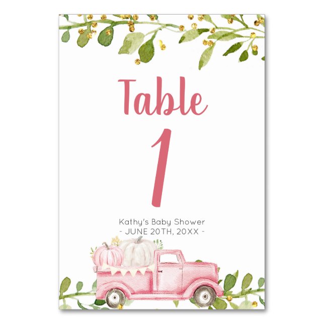 Pink Pumpkin Truck Baby Shower Table Number (Front)