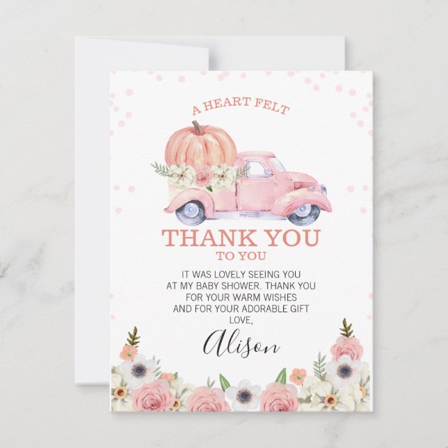 Pink Pumpkin Truck Baby Shower Thank You Card (Front)