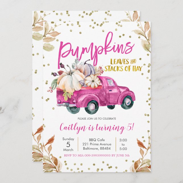 Pink Pumpkin Truck Birthday Invitation (Front/Back)
