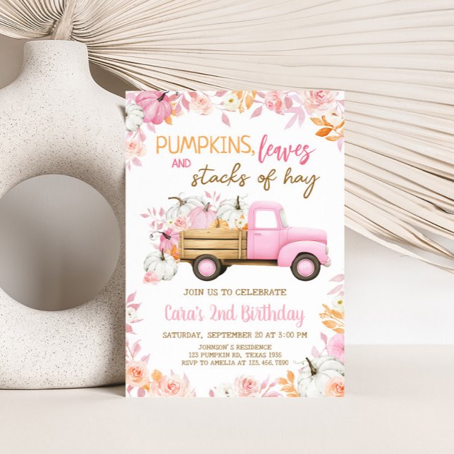Pink Pumpkin Truck Fall Birthday  Invitation (Girl Pumpkin Truck Fall Birthday Invitation)