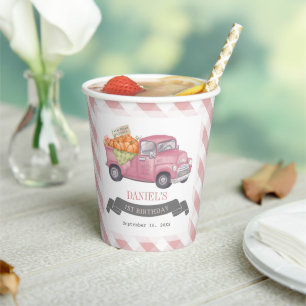 Pink Pumpkin Truck Gingham Girl 1st Birthday Paper Cups