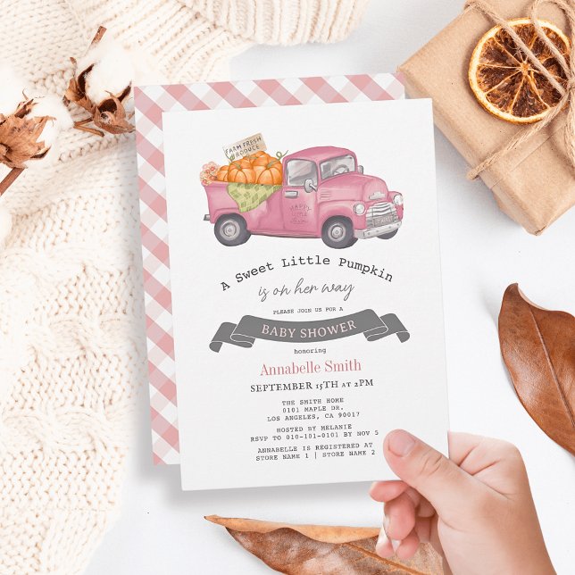 Pink Pumpkin Truck Gingham Girl Baby Shower Invitation (Creator Uploaded)