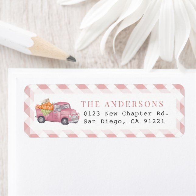Pink Pumpkin Truck Gingham Return Address Label (Insitu)