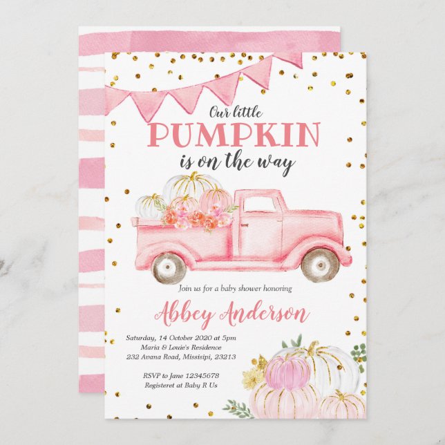 Pink Pumpkin Truck Girl Baby Shower Invitation (Front/Back)