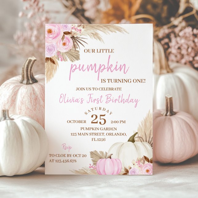 Pink Pumpkin Turning One Birthday Invitation (Creator Uploaded)