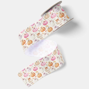 Pink Pumpkin Watercolor Fall Coquette Pattern Satin Ribbon