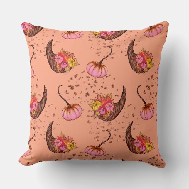 Pink Pumpkin with Autumn Leaves and Horns Cushion (Front)