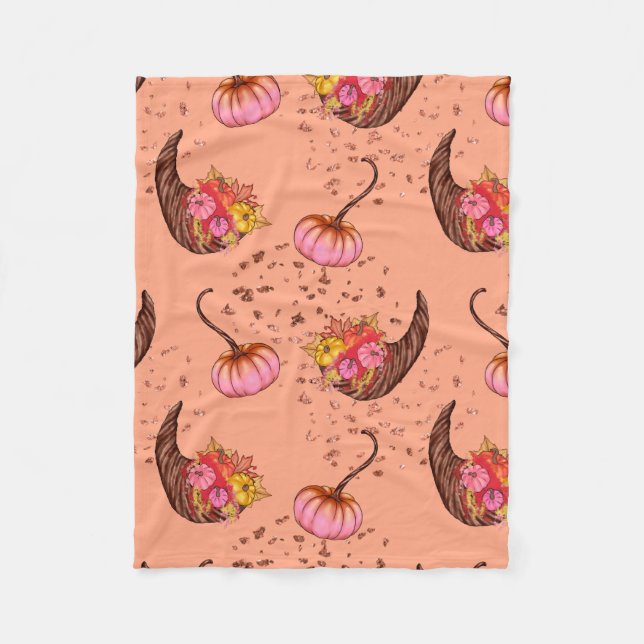 Pink Pumpkin with Autumn Leaves and Horns Fleece Blanket (Front)