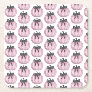 Pink Pumpkin with black bow Square Paper Coaster
