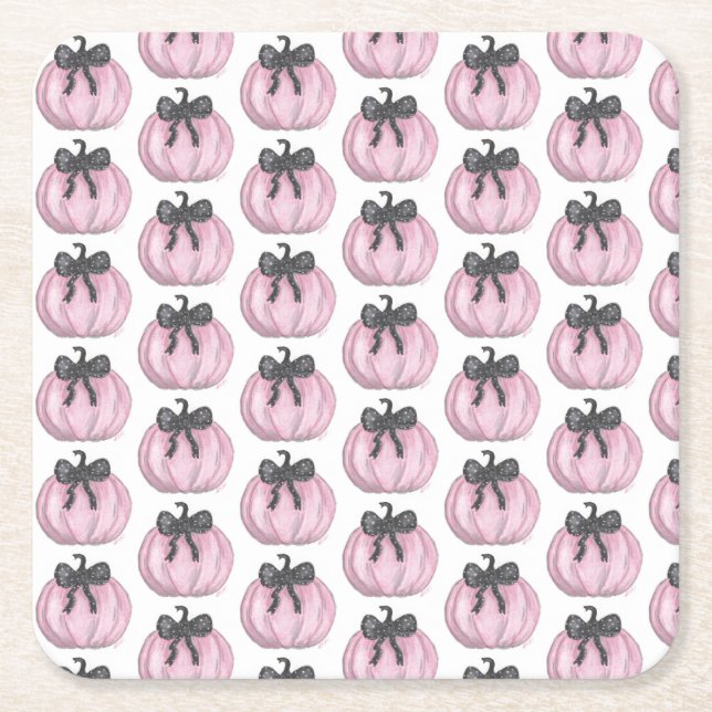 Pink Pumpkin with black bow Square Paper Coaster (Front)