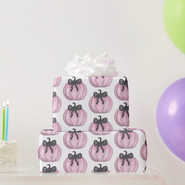 Pink Pumpkin with black bow Wrapping Paper (Party Gifts)
