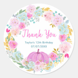 Pink Pumpkin Wreath Birthday Party Thank You Classic Round Sticker