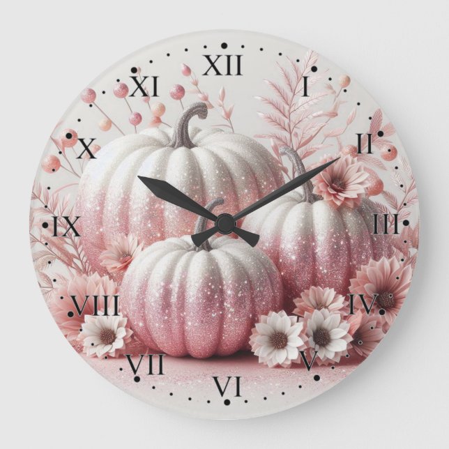Pink Pumpkins and Flowers with Roman Numerals  Large Clock (Front)