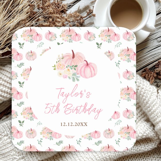 Pink Pumpkins Floral Birthday Party Square Paper Coaster (Creator Uploaded)