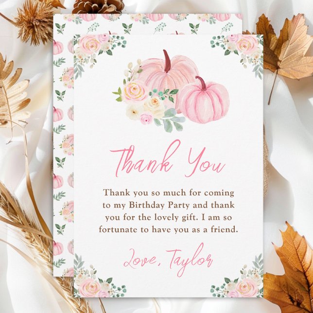 Pink Pumpkins Floral Birthday Party Thank You Card (Creator Uploaded)