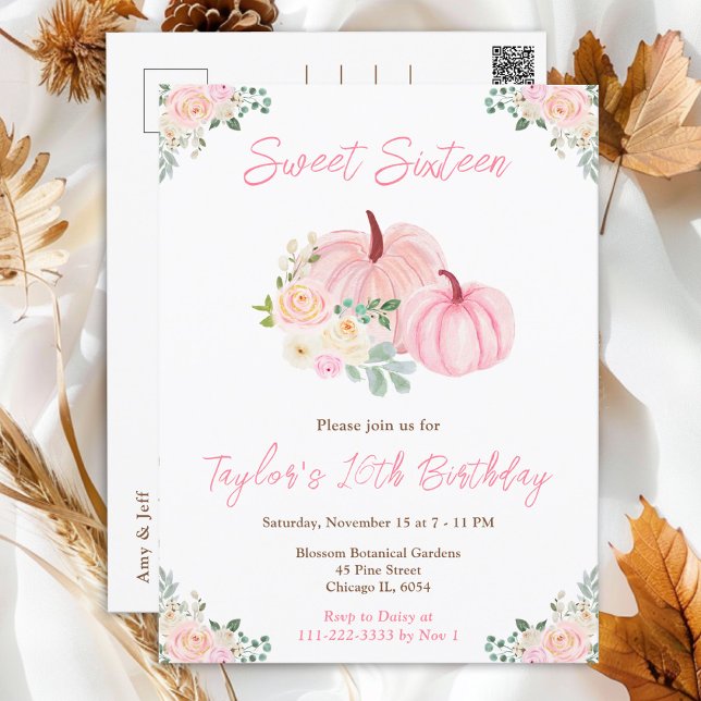Pink Pumpkins Floral Sweet Sixteen Postcard (Creator Uploaded)