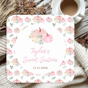 Pink Pumpkins Floral Sweet Sixteen Square Paper Coaster