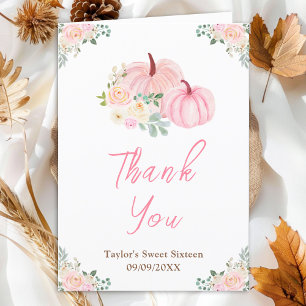 Pink Pumpkins Floral Sweet Sixteen Thank You Card