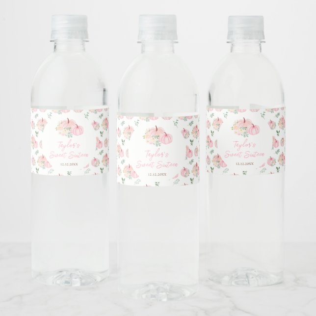 Pink Pumpkins Floral Sweet Sixteen Water Bottle Label (Bottles)