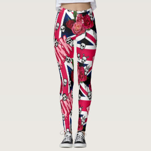 Pink Punk Grunge Union Jack with Emojis and Roses Leggings