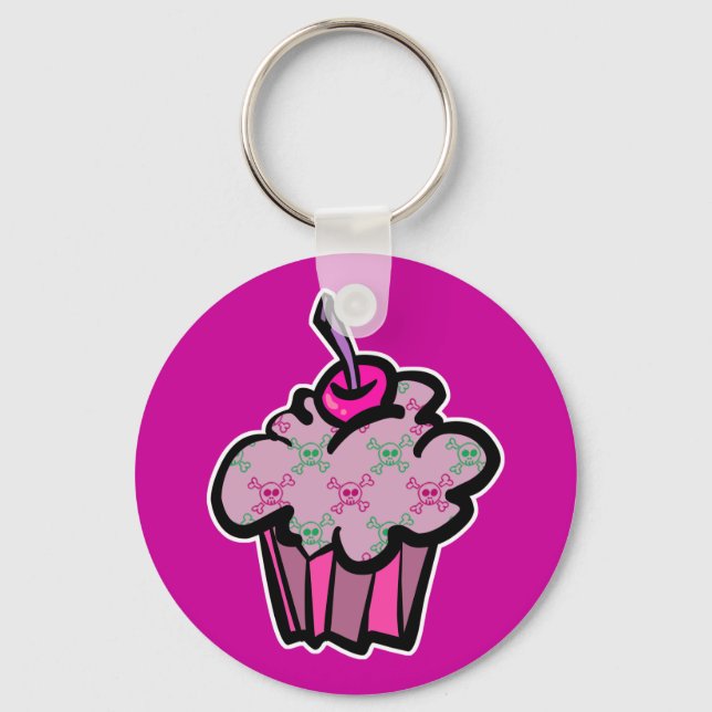 pink punk skull crossbones cupcake key ring (Front)