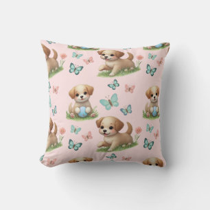 Pink Puppies and Butterflies Watercolor Cushion