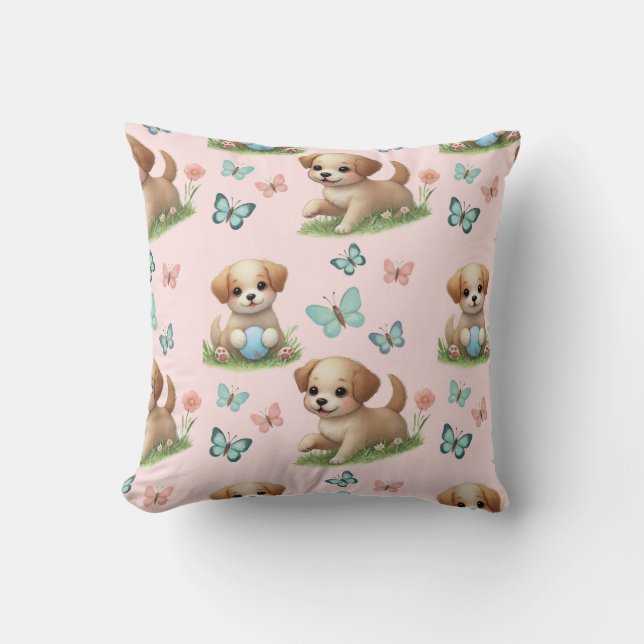Pink Puppies and Butterflies Watercolor Cushion (Front)