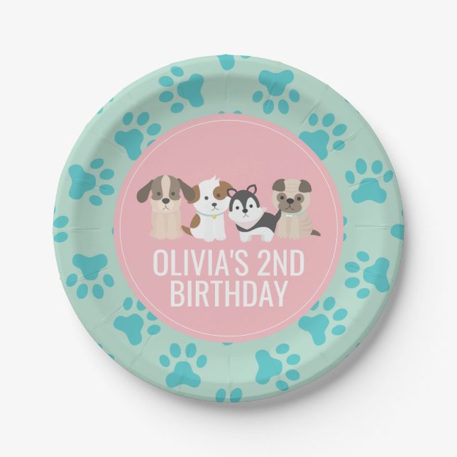Pink Puppy birthday party plates paw prints (Front)