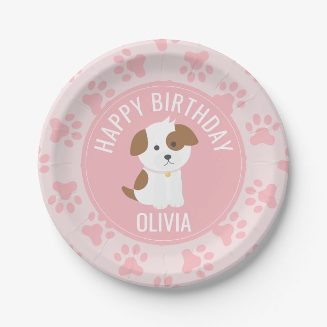 Pink Puppy birthday party plates paw prints (Front)