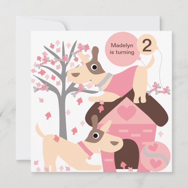 Pink Puppy Dog Custom Birthday Invitations (Front)