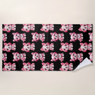 Pink Puppy Dog Pattern Design - Black  Beach Towel