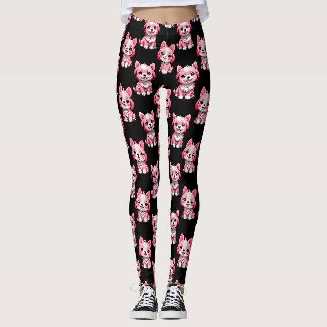 Pink Puppy Dog Pattern Design - Black  Leggings (Front)