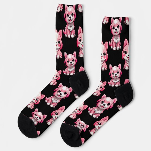 Pink Puppy Dog Pattern Design - Black  Socks (Left)