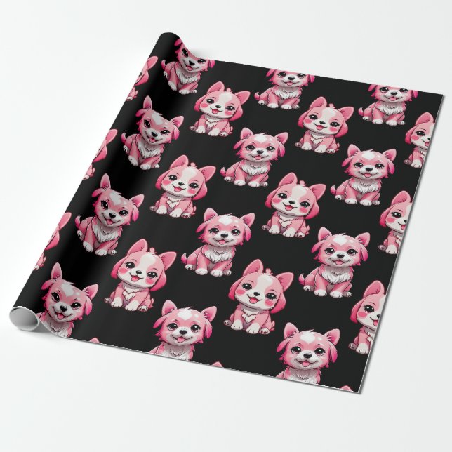 Pink Puppy Dog Pattern Design - Black  Wrapping Paper (Unrolled)