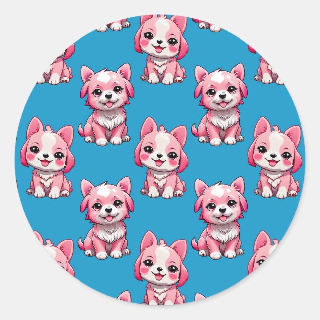 Pink Puppy Dog Pattern Design - Blue Classic Round Sticker (Front)