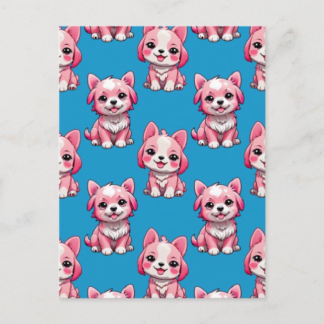 Pink Puppy Dog Pattern Design - Blue Postcard (Front)