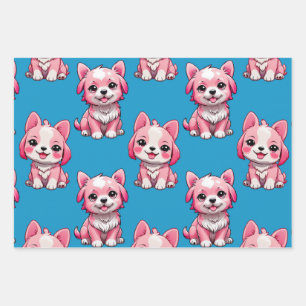 Pink Puppy Dog Pattern Design - Blue Wrapping Paper Sheet
