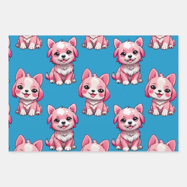 Pink Puppy Dog Pattern Design - Blue Wrapping Paper Sheet (Front)
