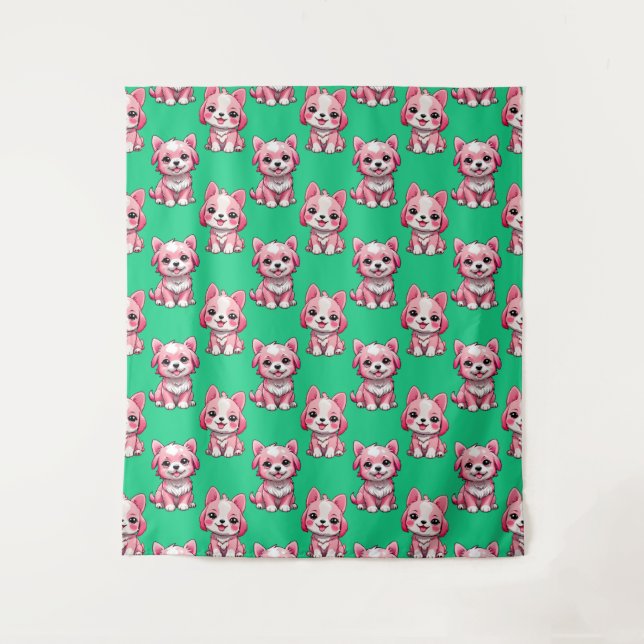 Pink Puppy Dog Pattern Design - Green  Tapestry (Front)