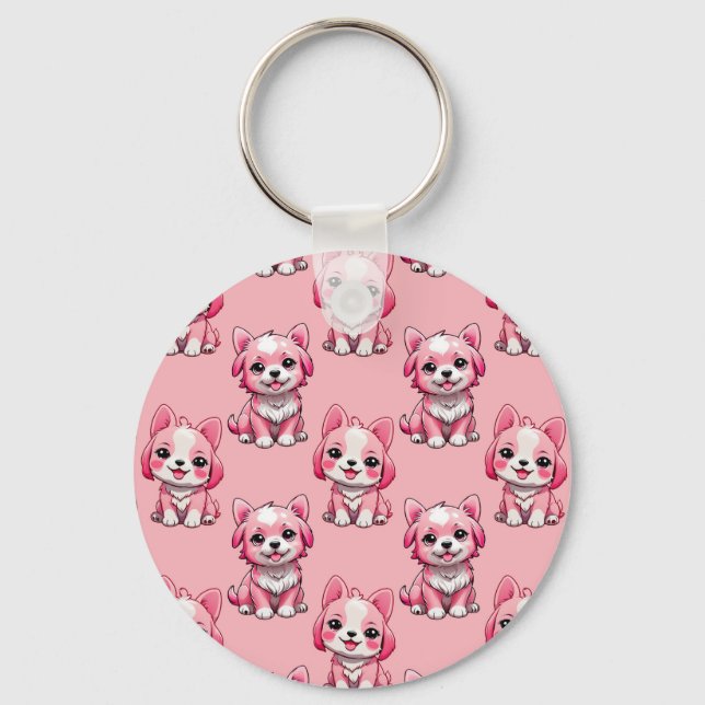 Pink Puppy Dog Pattern Design - Pink Key Ring (Front)