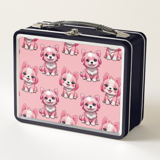 Pink Puppy Dog Pattern Design - Pink Metal Lunch Box (Front)