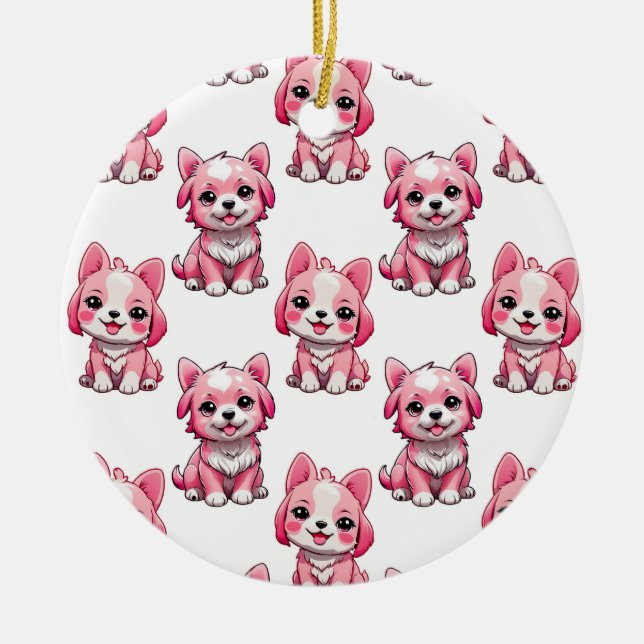 Pink Puppy Dog Pattern Design - white  Ceramic Ornament (Front)