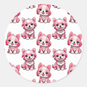 Pink Puppy Dog Pattern Design - white Classic Round Sticker